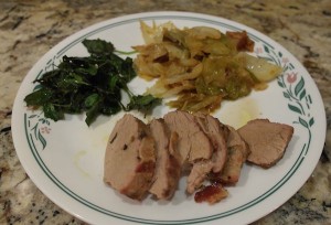 Pork Tenderloin, Kale Chips and Stewed Cabbage