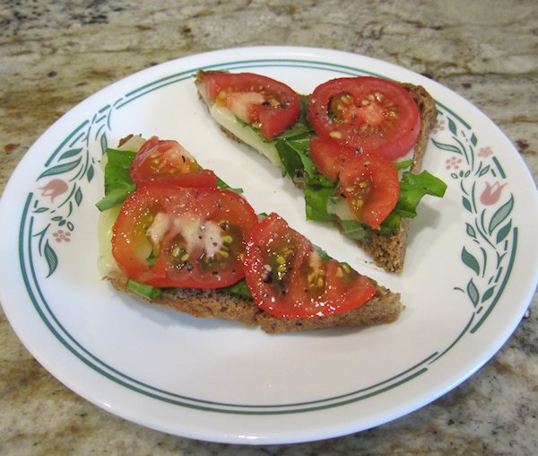 Rye Toast with Cheese, Basil and Tomatoes