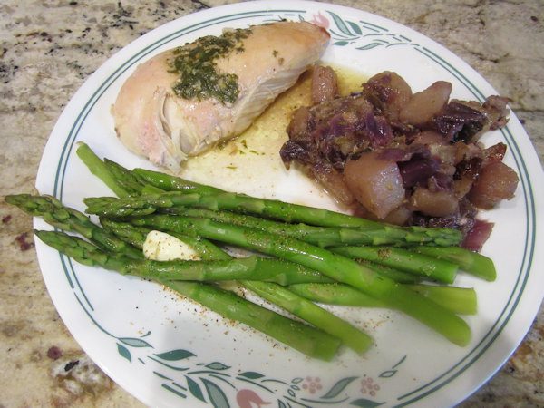 Roasted Chicken, Potatoes & Cabbage and Steamed Asparagus